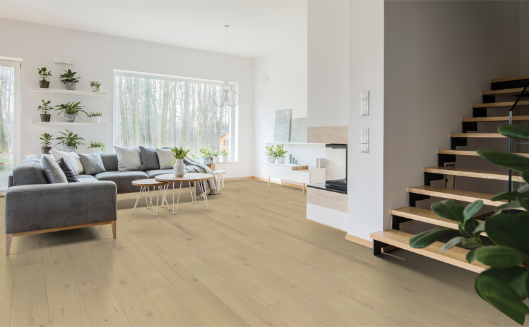 hardwood flooring in living room with plants and biophilic interior design elements.