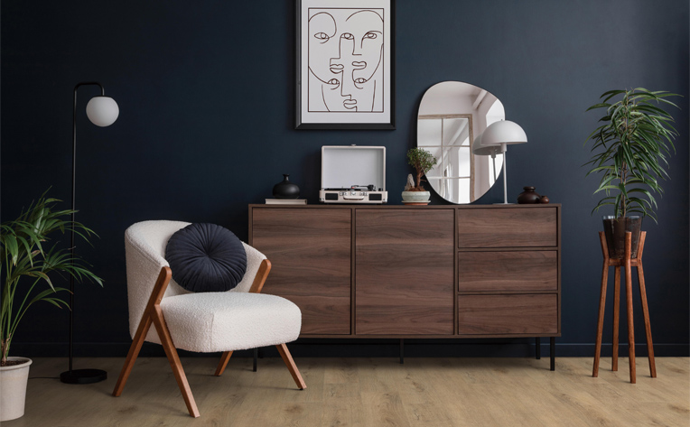 wood look vinyl flooring in living room with minimalist decor.