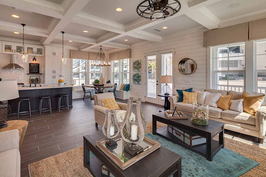 Open floor plan design with home decor in soothing tropical colors