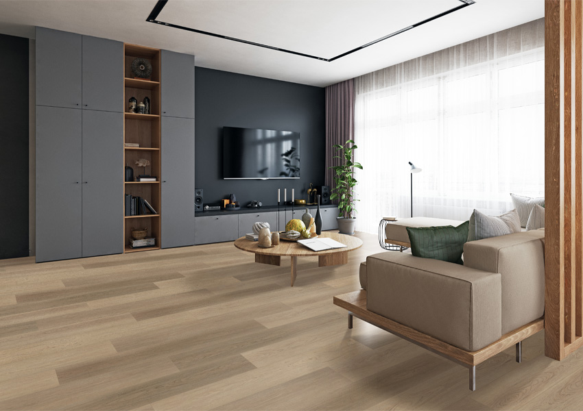 wood-look laminate flooring in living room with contemporary decor