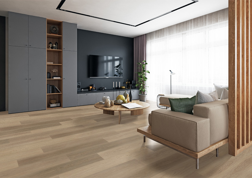 wood look laminate flooring in living room.