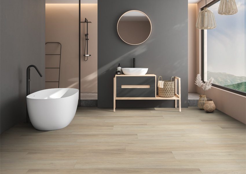 luxury vinyl plank flooring in bathroom with boho decor.