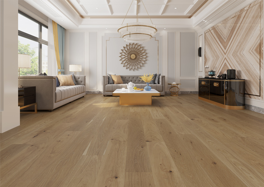 hardwood flooring in living room with maximalist decor.