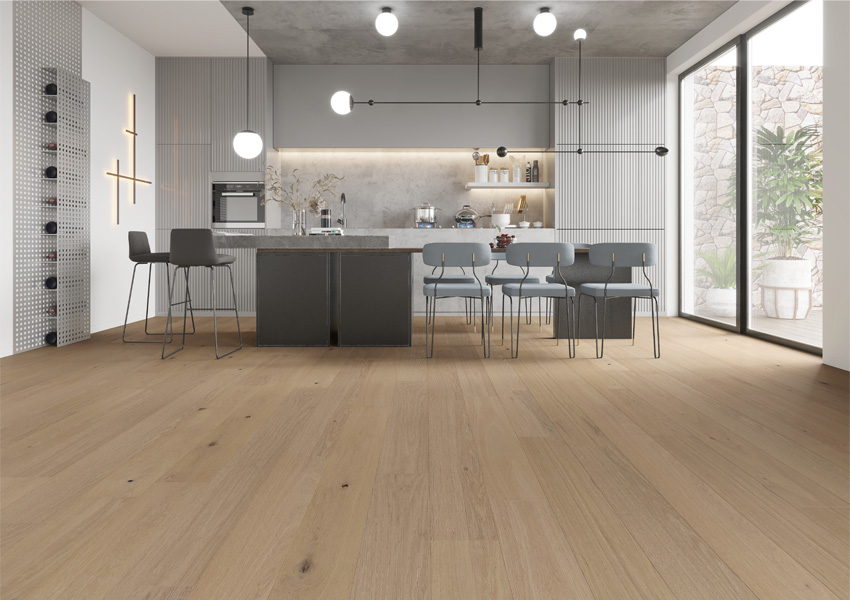 hardwood flooring in kitchen with modern industrial decor.